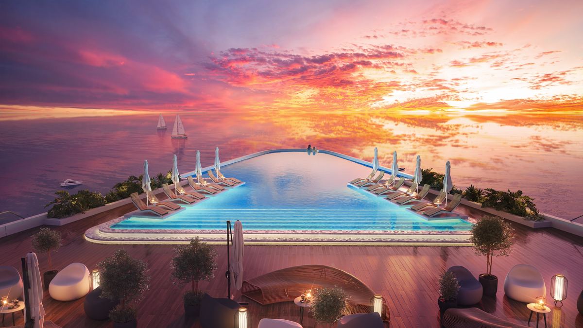 Панорамный Infinity Pool в Caspian Dreamliner на закате