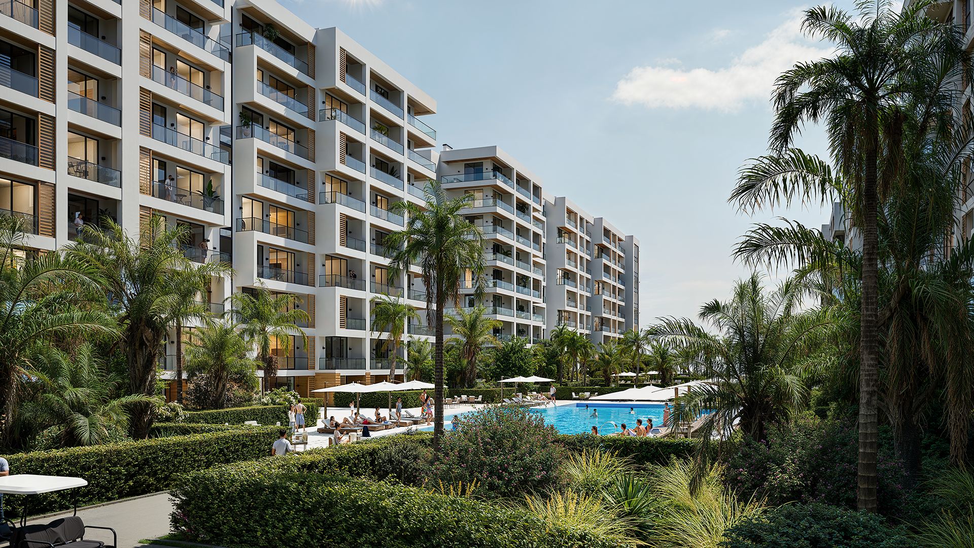 Park Residences 5 в Sea Breeze — двор с бассейном в ландшафтном озеленении