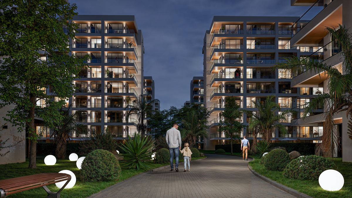 Вечерняя пешеходная аллея между корпусами Park Residences 5