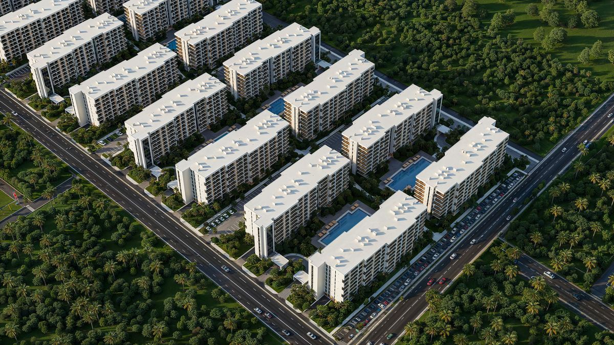 Восемь корпусов Park Residences 5 с высоты — дворы с бассейнами