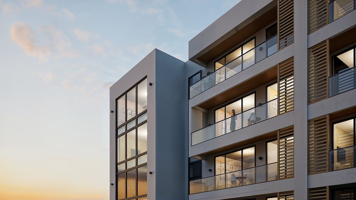 Деталь фасада Park Residences 5 на закате