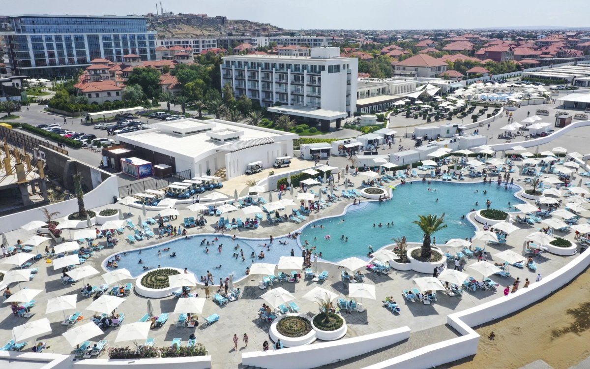 Aqua park and pools of the Sea Breeze Baku resort, top view