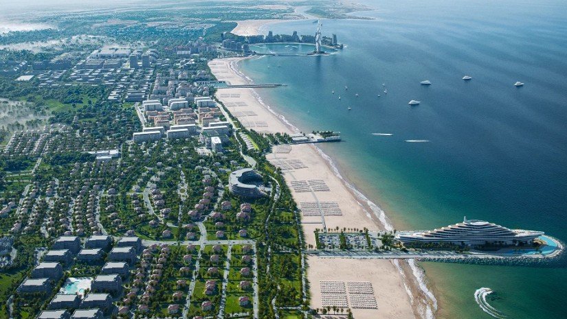 Caspian Sea coastline and beaches of the Sea Breeze resort from above