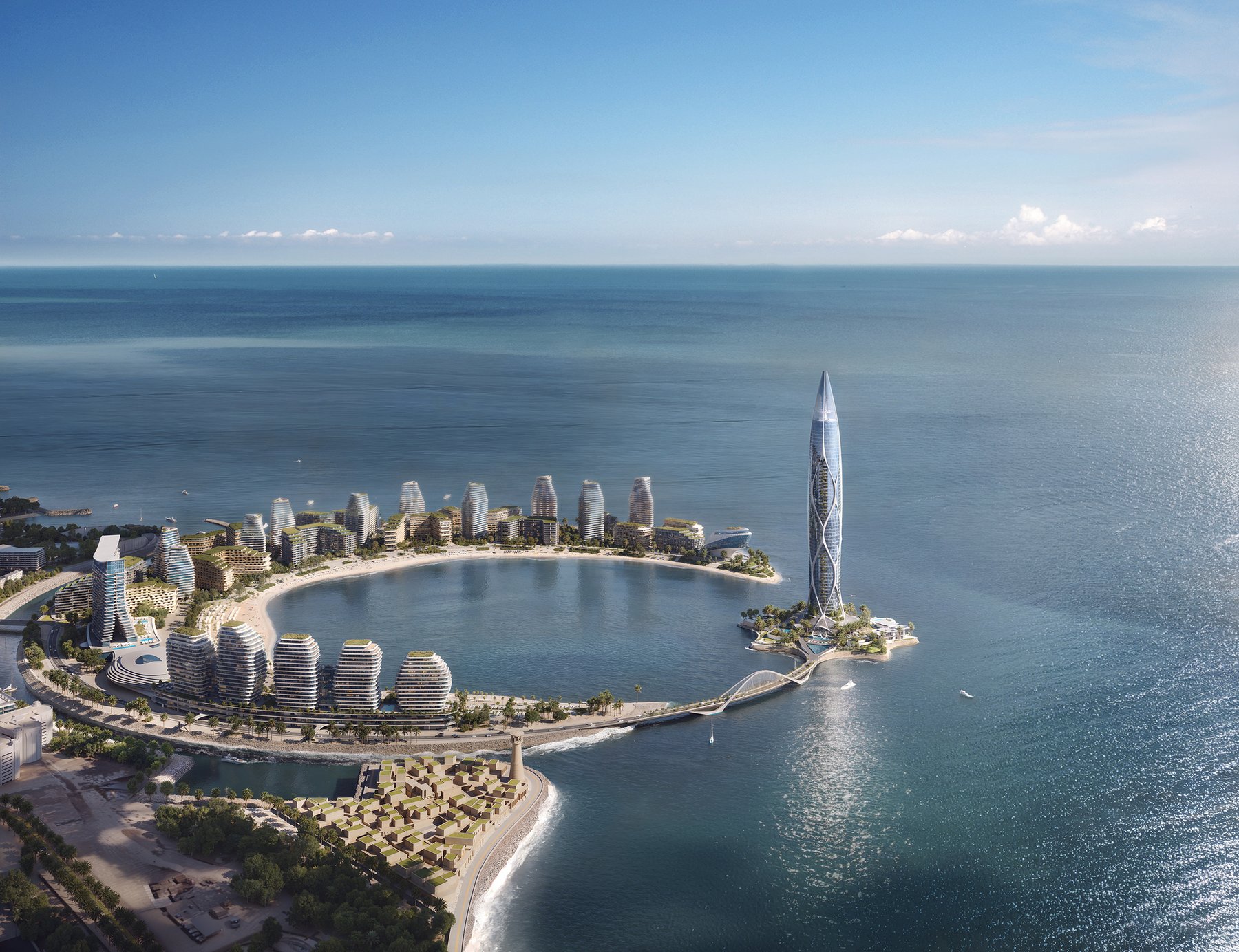 Sea Breeze Baku crescent island with the tower by day, drone view