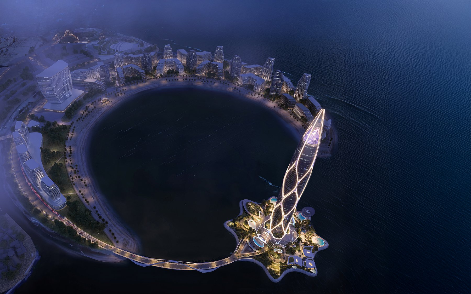 Night aerial view of the Sea Breeze Baku crescent island