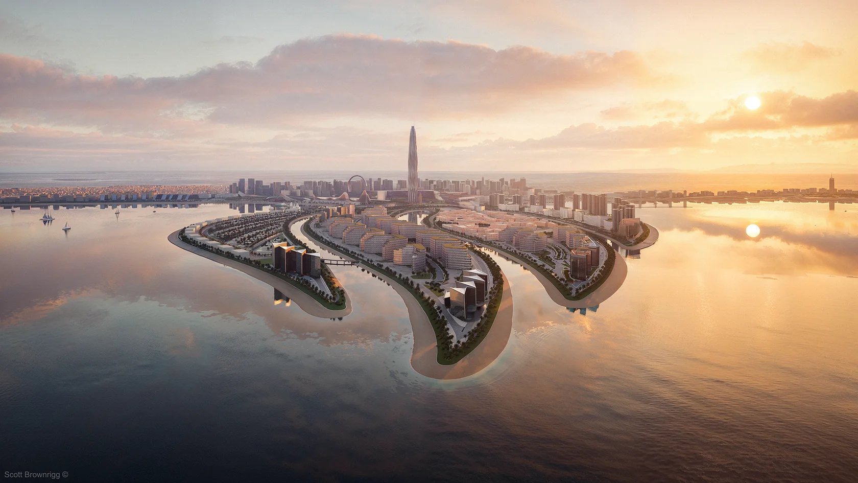 Aerial panorama of the Sea Breeze man-made island at sunset, Baku
