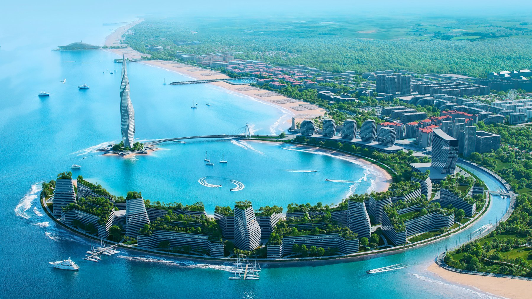 Lagoon with the tower and green coastline of Sea Breeze Baku, drone view