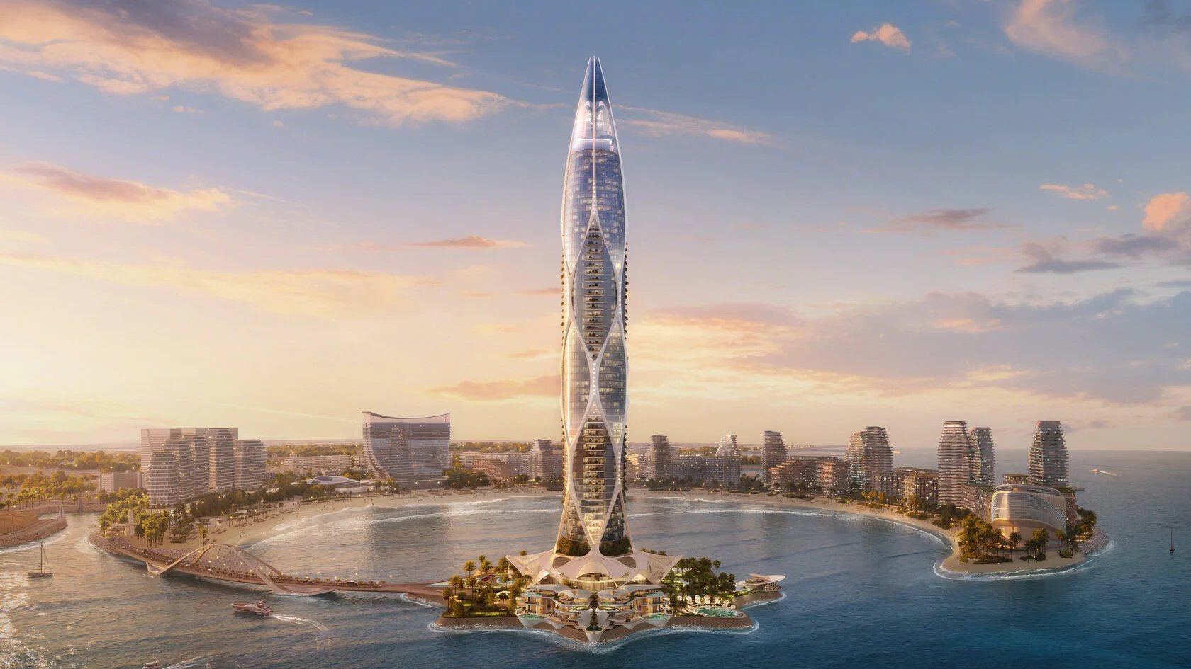Sea Breeze Baku landmark tower on an artificial island at sunset