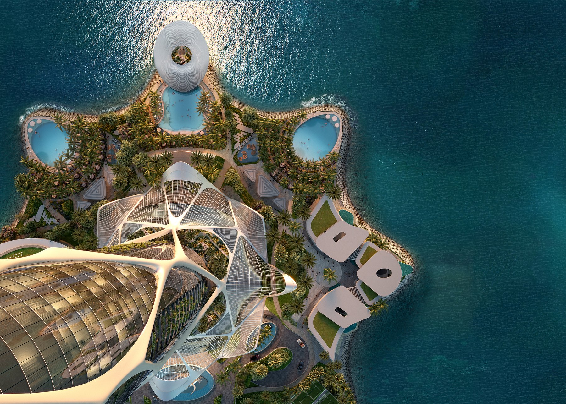 Marina and futuristic domes of Sea Breeze Baku — rendering