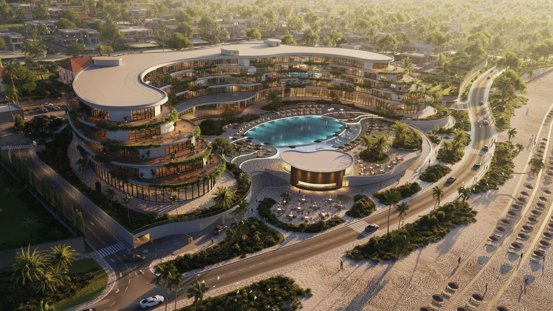 Resort architecture with a pool at Sea Breeze Baku — rendering